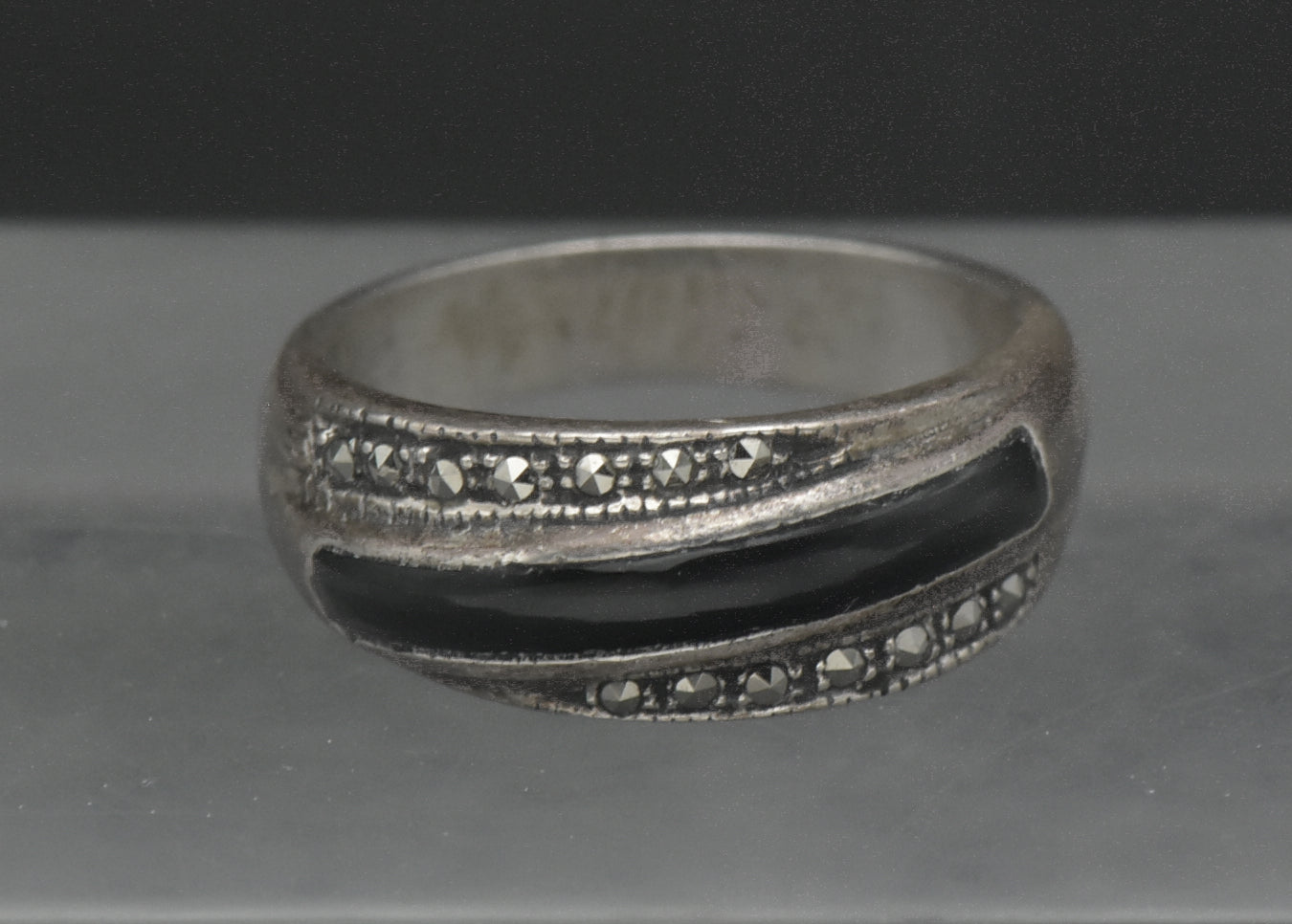 Vintage Sterling Silver Black Onyx and Marcasite Band - Size 6.75