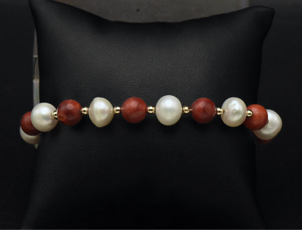 Vintage 14K Gold Red Coral and Cultured Pearl Bracelet