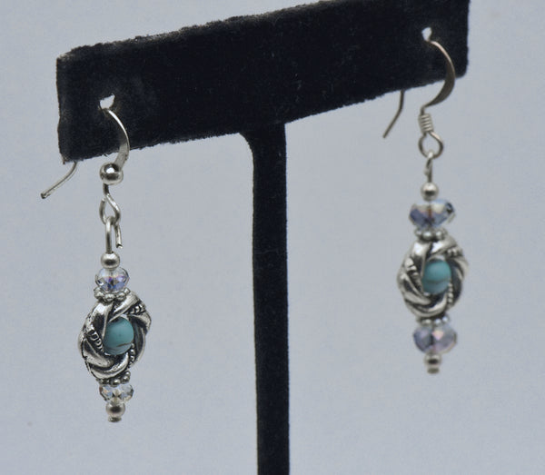 Vintage Silver Tone and Faux Turquoise Bead Dangle Earrings