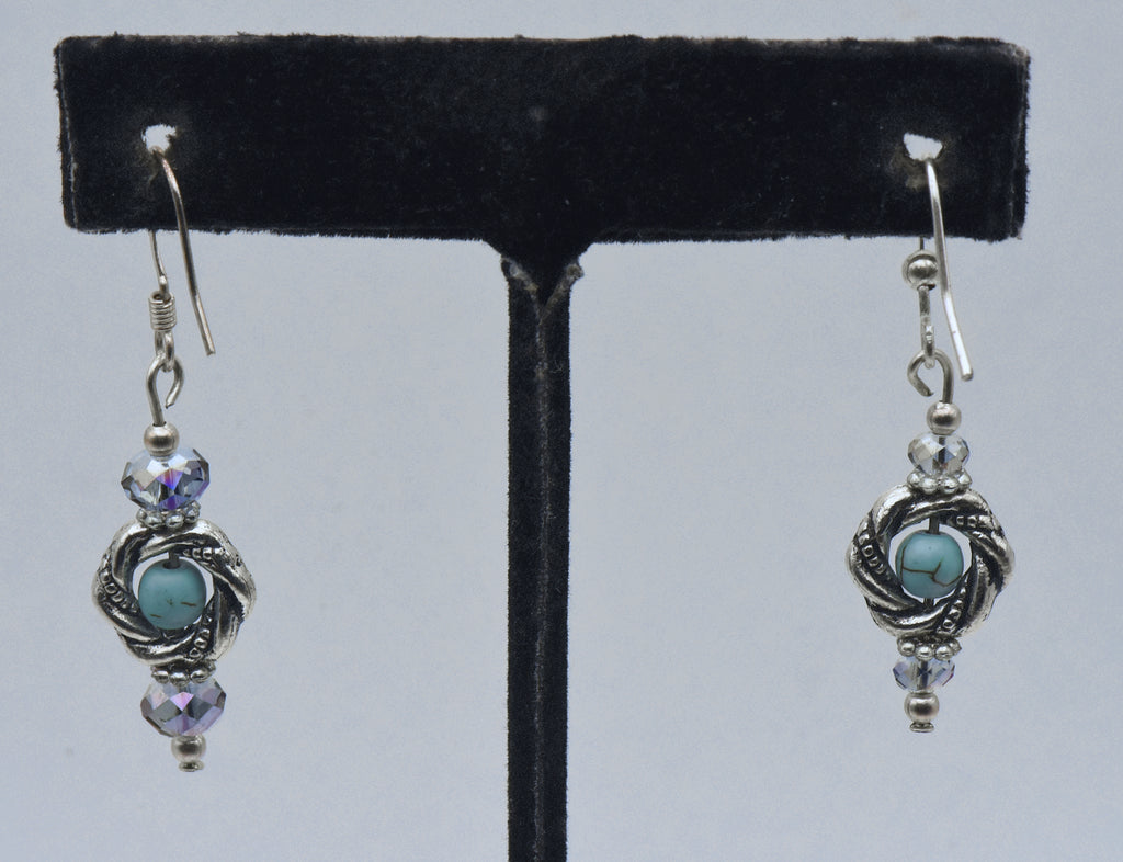Vintage Silver Tone and Faux Turquoise Bead Dangle Earrings