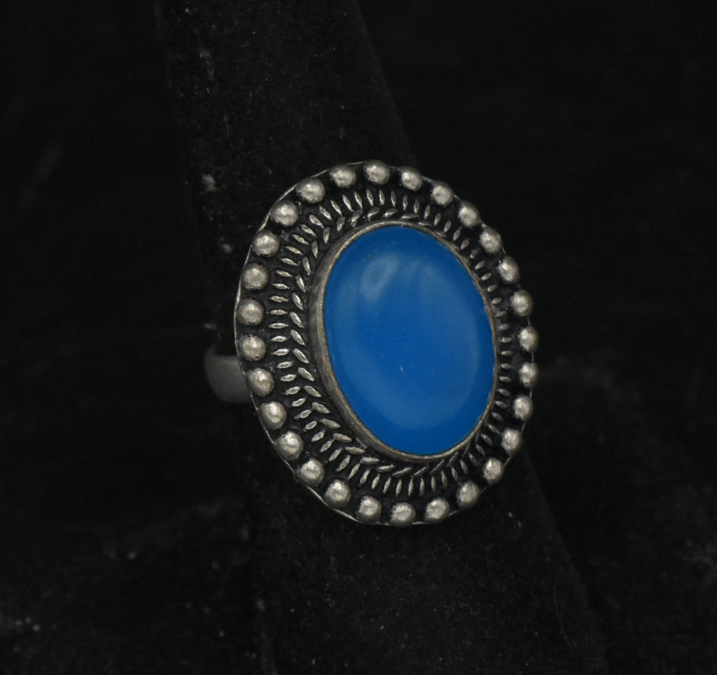 Vintage Handmade Silver Tone Metal Blue Cabochon Adjustable Ring - Size 7+