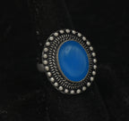 Vintage Handmade Silver Tone Metal Blue Cabochon Adjustable Ring - Size 7+