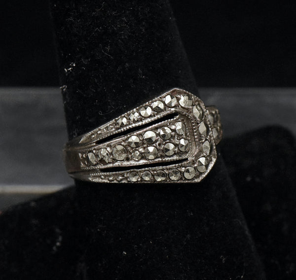 Vintage Sterling Silver and Marcasite Buckle Ring - Size 8