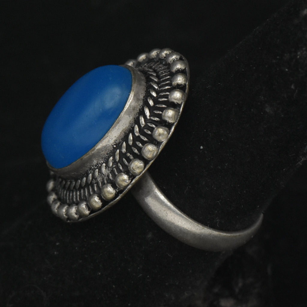 Vintage Handmade Silver Tone Metal Blue Cabochon Adjustable Ring - Size 7+