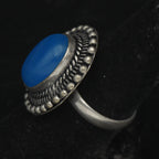 Vintage Handmade Silver Tone Metal Blue Cabochon Adjustable Ring - Size 7+