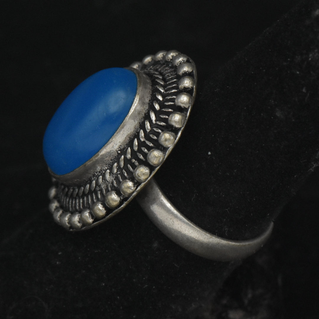 Vintage Handmade Silver Tone Metal Blue Cabochon Adjustable Ring - Size 7+