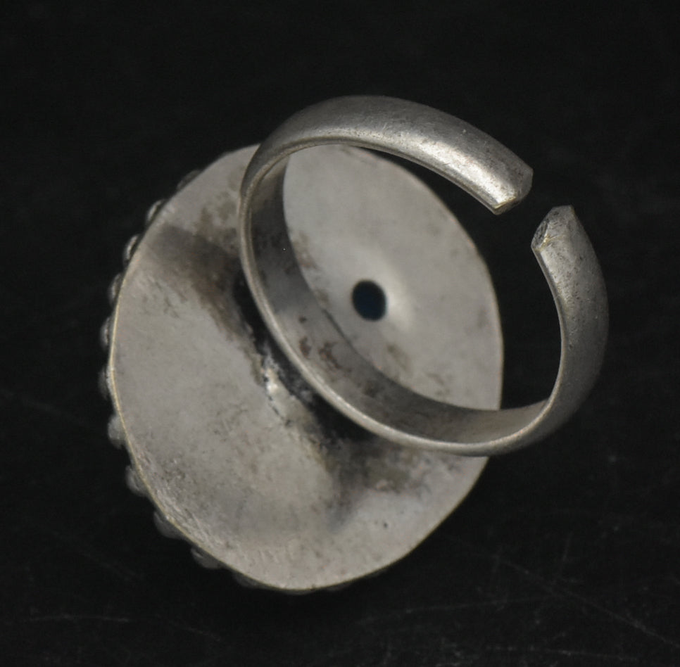 Vintage Handmade Silver Tone Metal Blue Cabochon Adjustable Ring - Size 7+