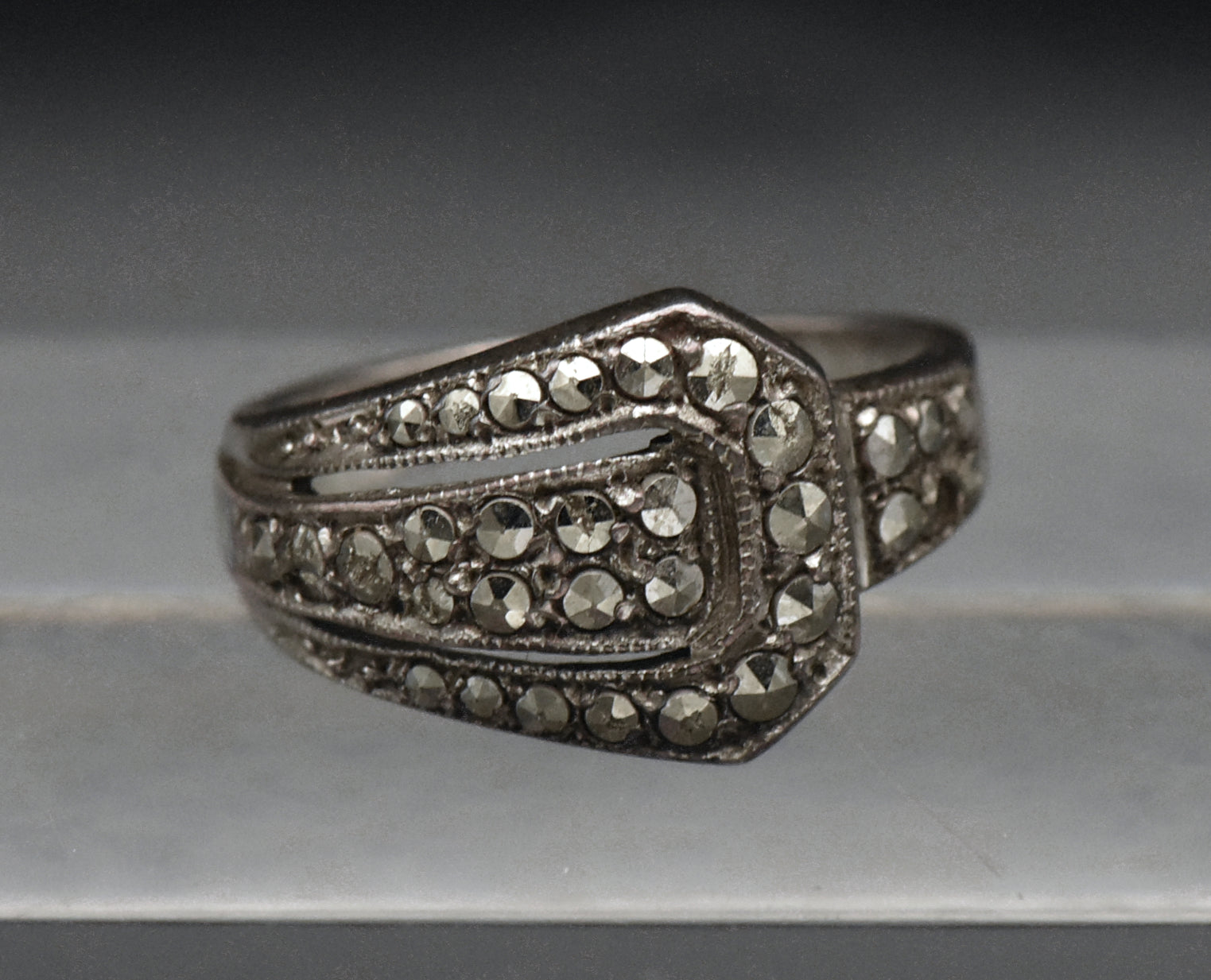 Vintage Sterling Silver and Marcasite Buckle Ring - Size 8