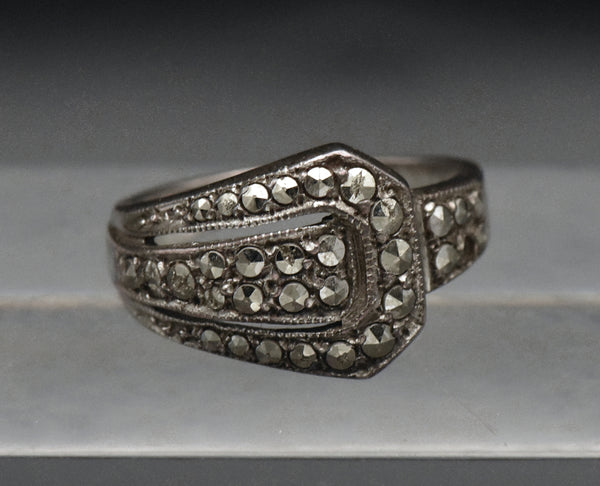 Vintage Sterling Silver and Marcasite Buckle Ring - Size 8