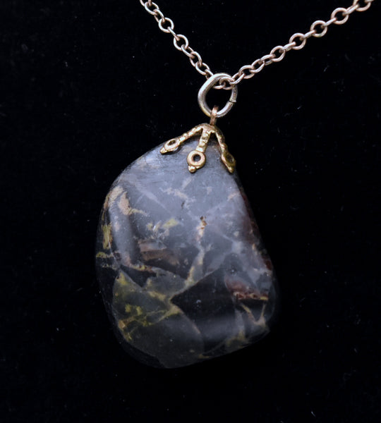 Tumbled Black Stone Pendant on Gold Tone Chain Necklace - 17"