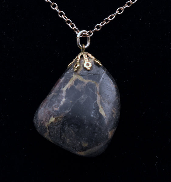 Tumbled Black Stone Pendant on Gold Tone Chain Necklace - 17"