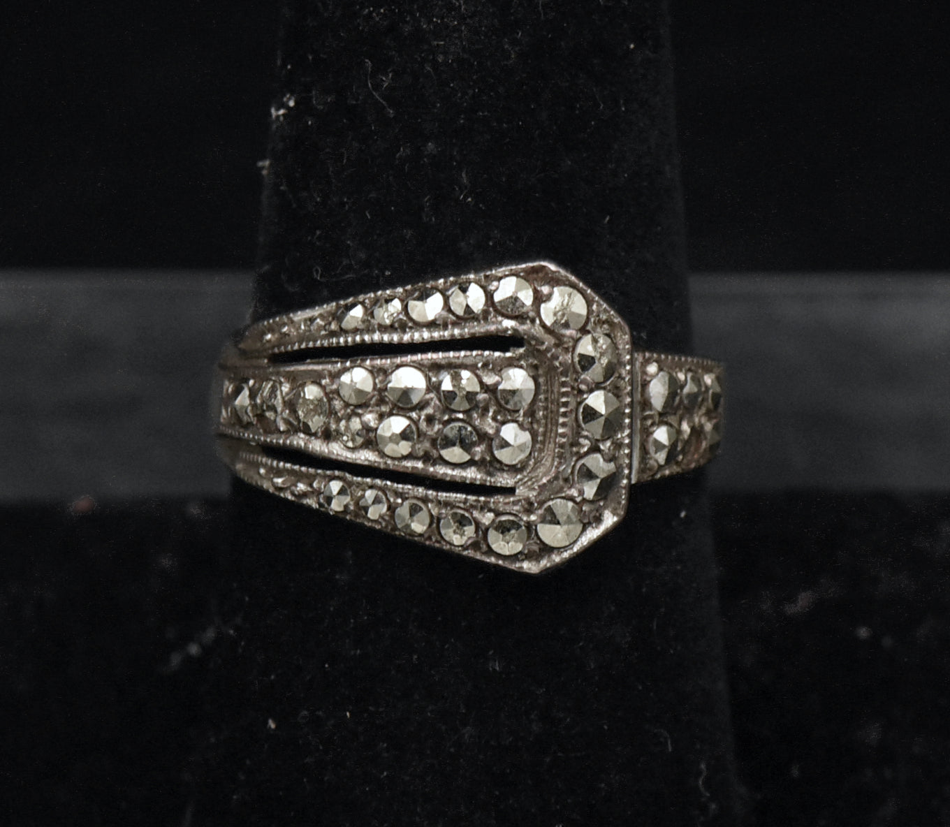 Vintage Sterling Silver and Marcasite Buckle Ring - Size 8