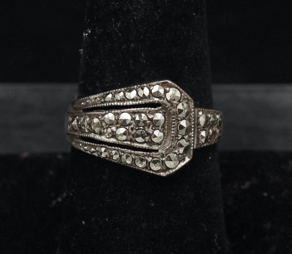 Vintage Sterling Silver and Marcasite Buckle Ring - Size 8