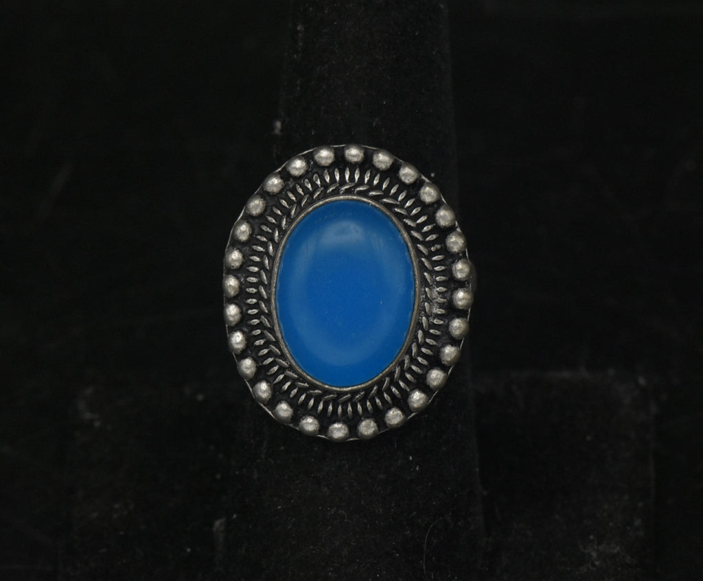 Vintage Handmade Silver Tone Metal Blue Cabochon Adjustable Ring - Size 7+