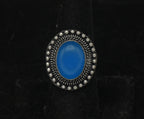 Vintage Handmade Silver Tone Metal Blue Cabochon Adjustable Ring - Size 7+