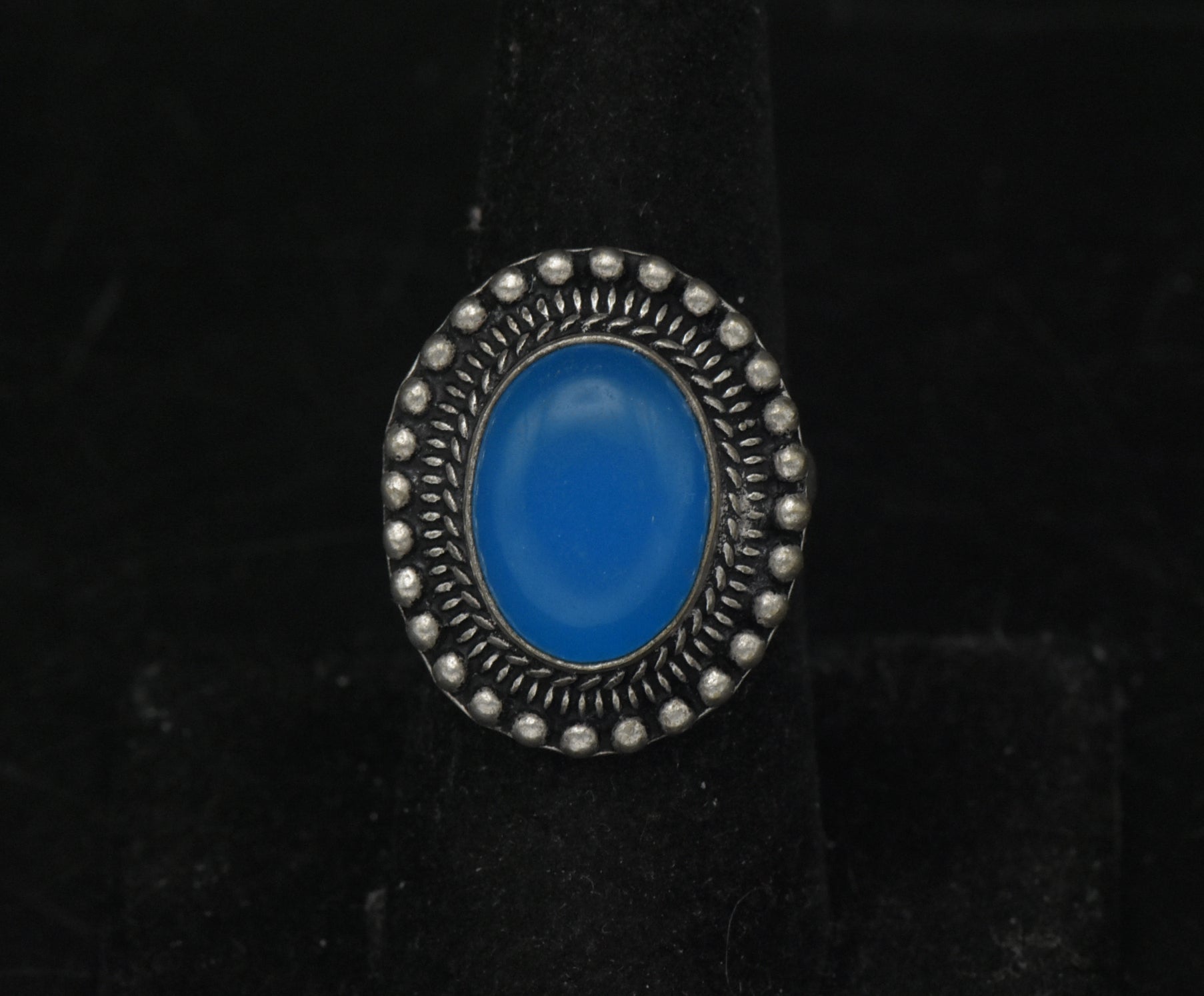 Vintage Handmade Silver Tone Metal Blue Cabochon Adjustable Ring - Size 7+