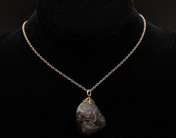 Tumbled Black Stone Pendant on Gold Tone Chain Necklace - 17"