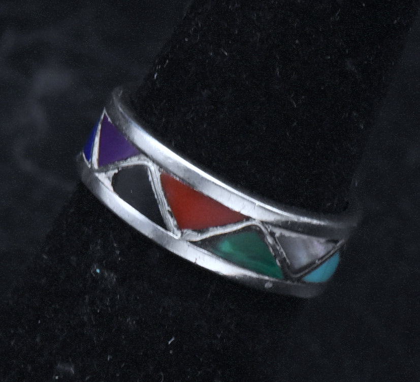 Vintage Handmade Inlaid Stone Sterling Silver Band - Size 5.75