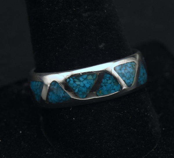 Vintage Sterling Silver Inlaid Crushed Stone Band - Size 10.75