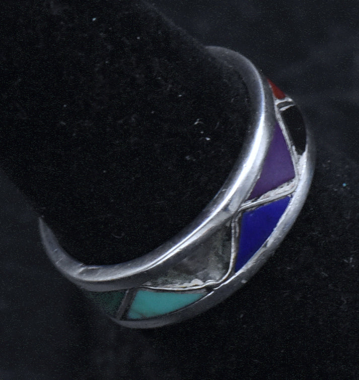 Vintage Handmade Inlaid Stone Sterling Silver Band - Size 5.75