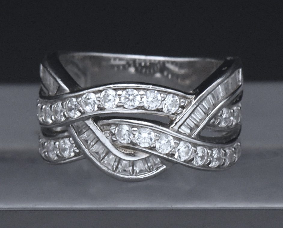 Sterling Silver Braided Design Cubic Zirconia Band - Size 6