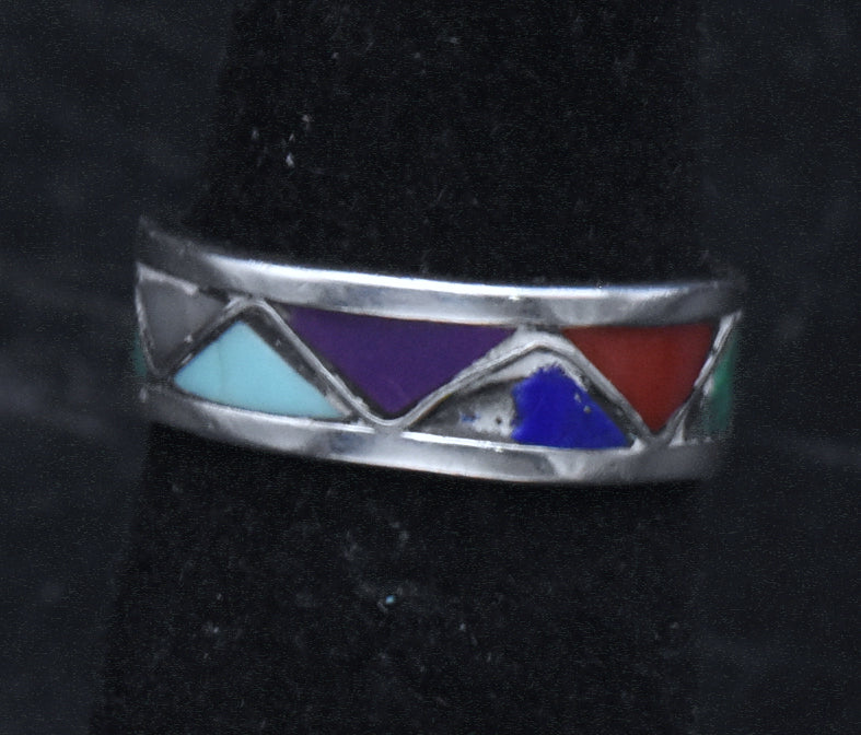 Vintage Handmade Inlaid Stone Sterling Silver Band - Size 5.75