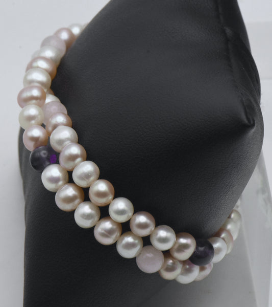 Cultured Pearls, Amethyst, Rose Quartz and Sterling Silver Dual Strand Bracelet