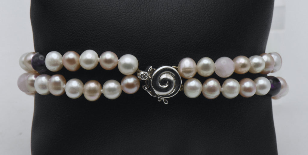 Cultured Pearls, Amethyst, Rose Quartz and Sterling Silver Dual Strand Bracelet