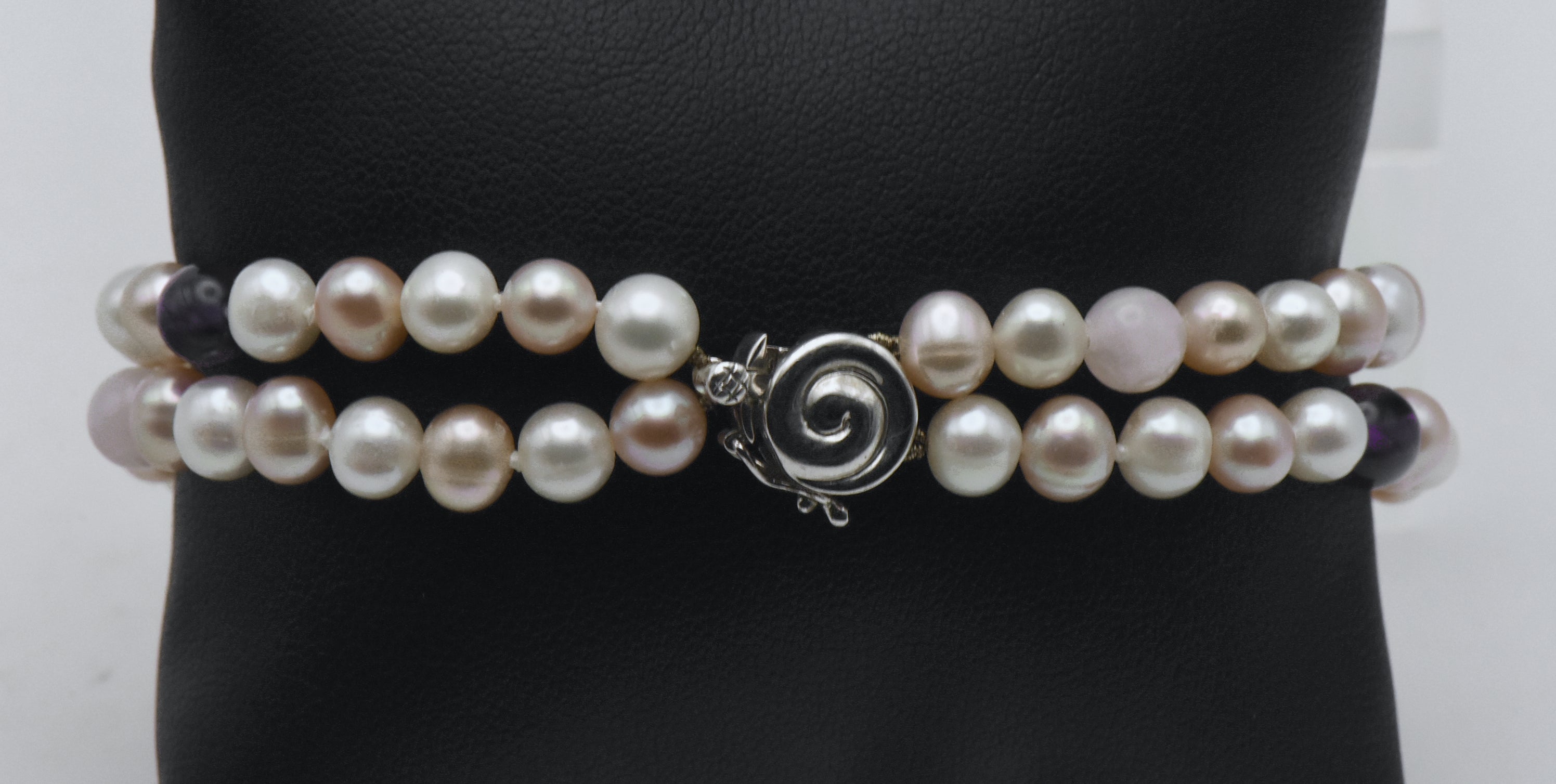 Cultured Pearls, Amethyst, Rose Quartz and Sterling Silver Dual Strand Bracelet