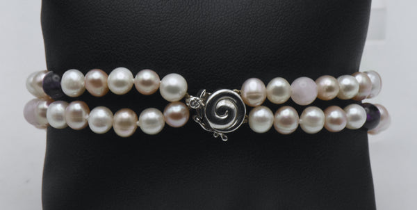 Cultured Pearls, Amethyst, Rose Quartz and Sterling Silver Dual Strand Bracelet