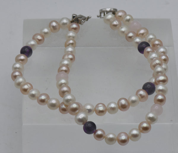 Cultured Pearls, Amethyst, Rose Quartz and Sterling Silver Dual Strand Bracelet