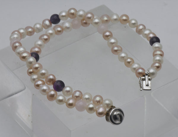 Cultured Pearls, Amethyst, Rose Quartz and Sterling Silver Dual Strand Bracelet