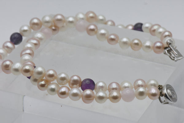 Cultured Pearls, Amethyst, Rose Quartz and Sterling Silver Dual Strand Bracelet