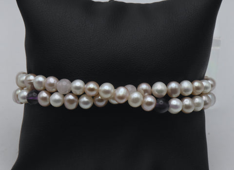 Cultured Pearls, Amethyst, Rose Quartz and Sterling Silver Dual Strand Bracelet