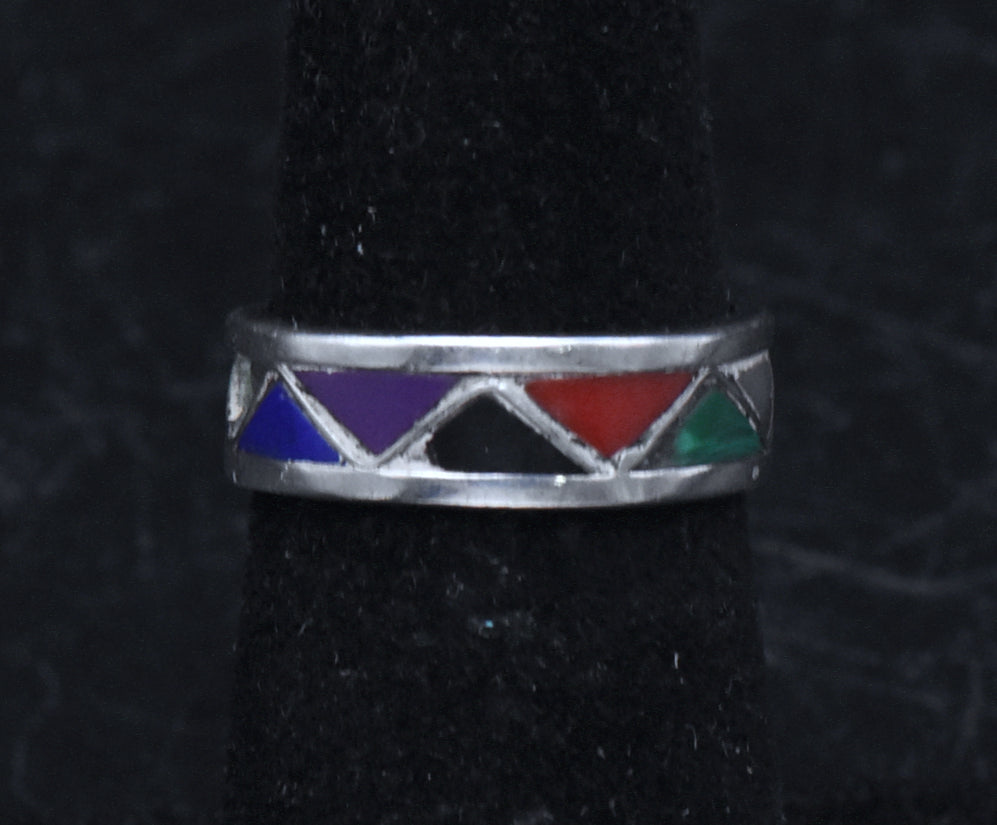Vintage Handmade Inlaid Stone Sterling Silver Band - Size 5.75