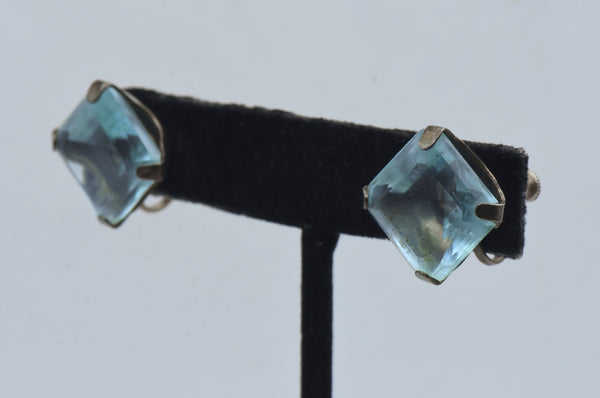 Vintage Sterling Silver Light Blue Crystal Screw Back Earrings