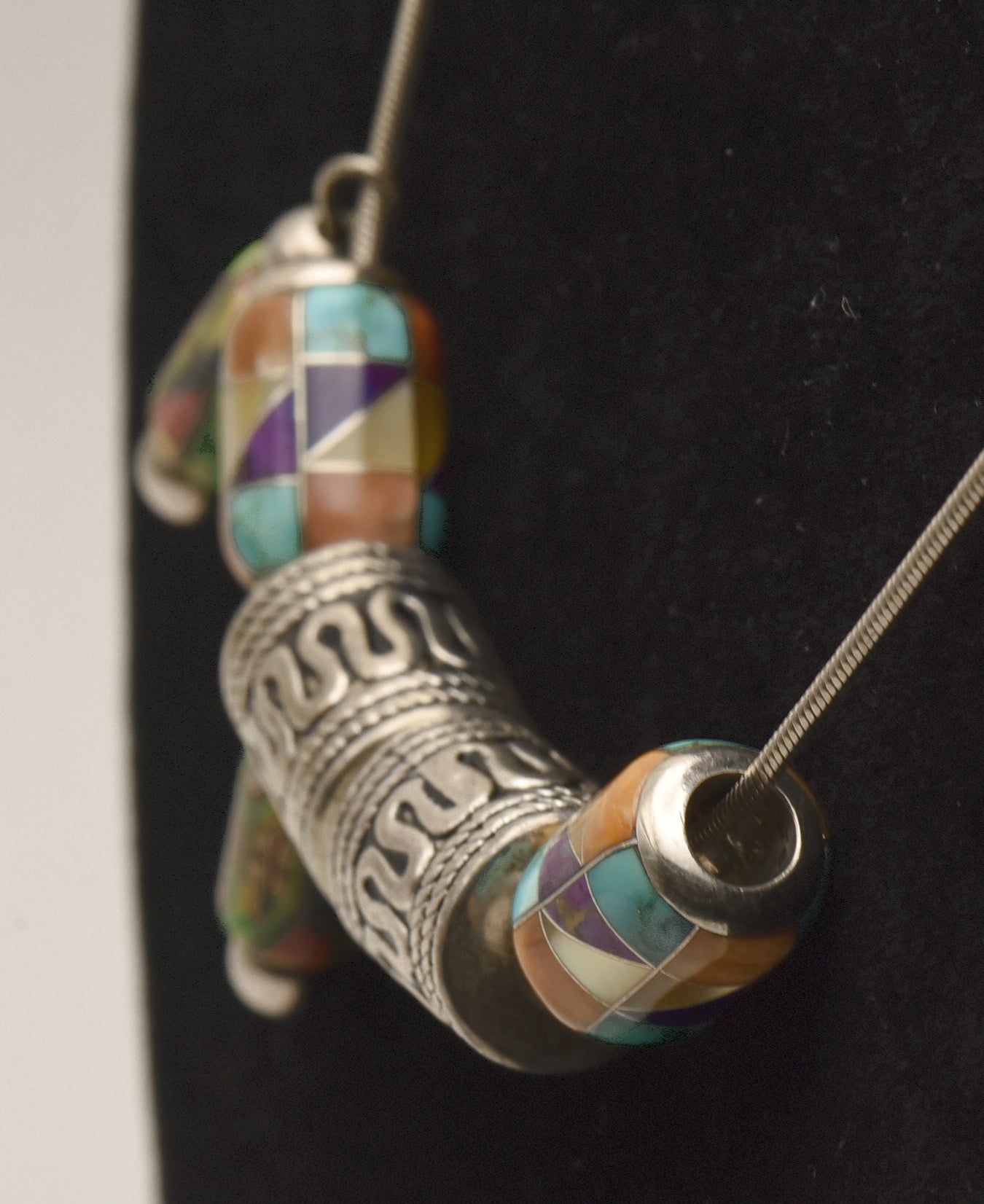 Vintage Stone Inlaid Sterling Silver Bead Sterling Silver Chain Necklace - 20"