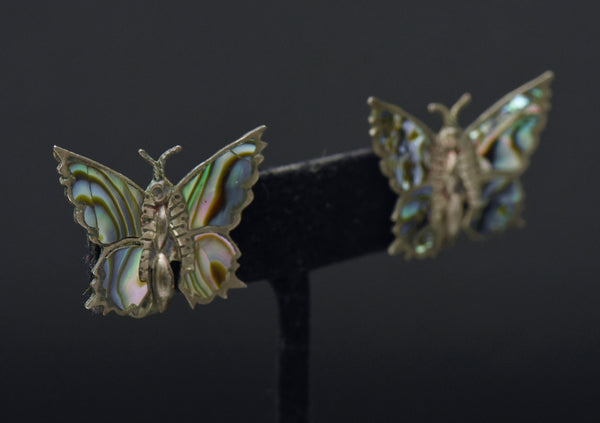 Vintage Handmade Butterfly Sterling Silver and Abalone Shell Screw Back Earrings