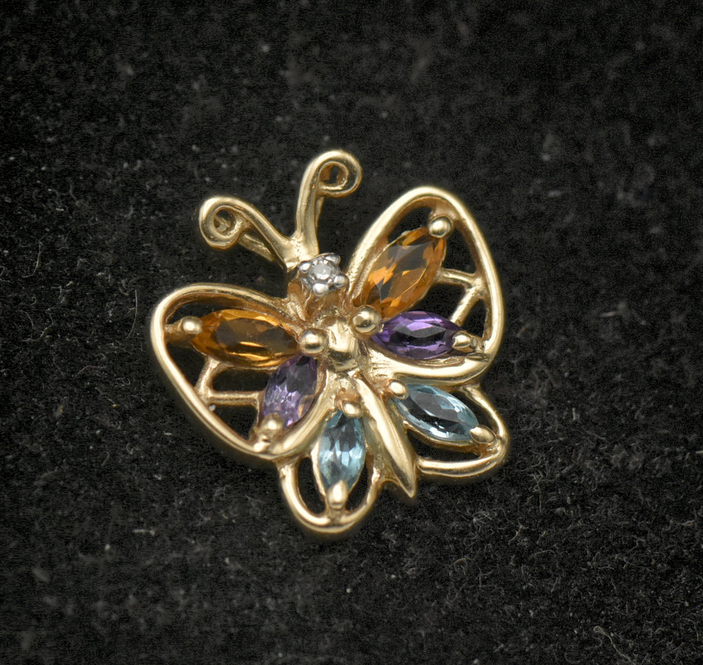 Vintage 10k Gold Gemstones Butterfly Pendant