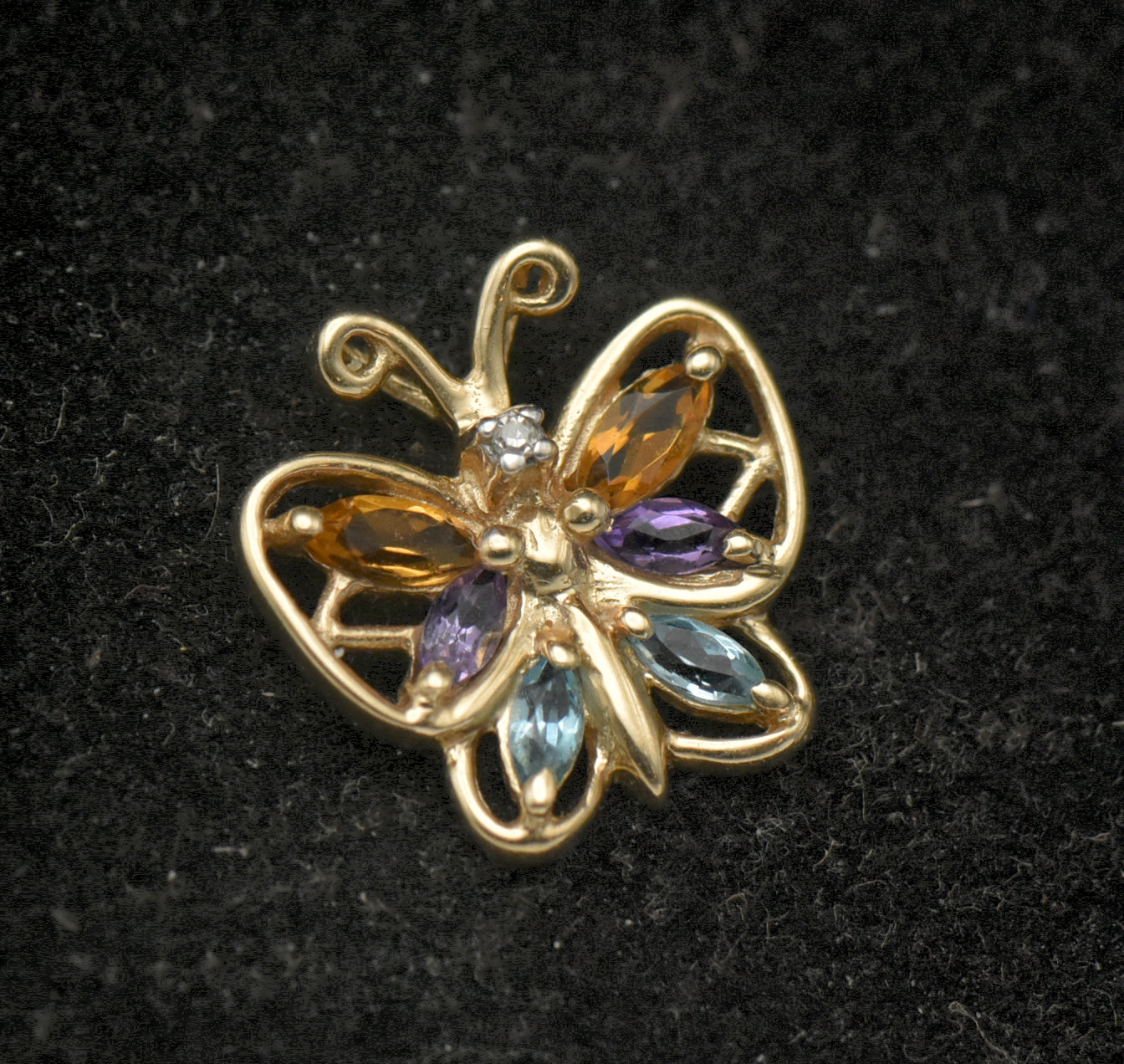 Vintage 10k Gold Gemstones Butterfly Pendant