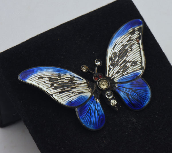 Vintage 935 Silver Enamel and Rhinestones Butterfly Brooch - Damaged