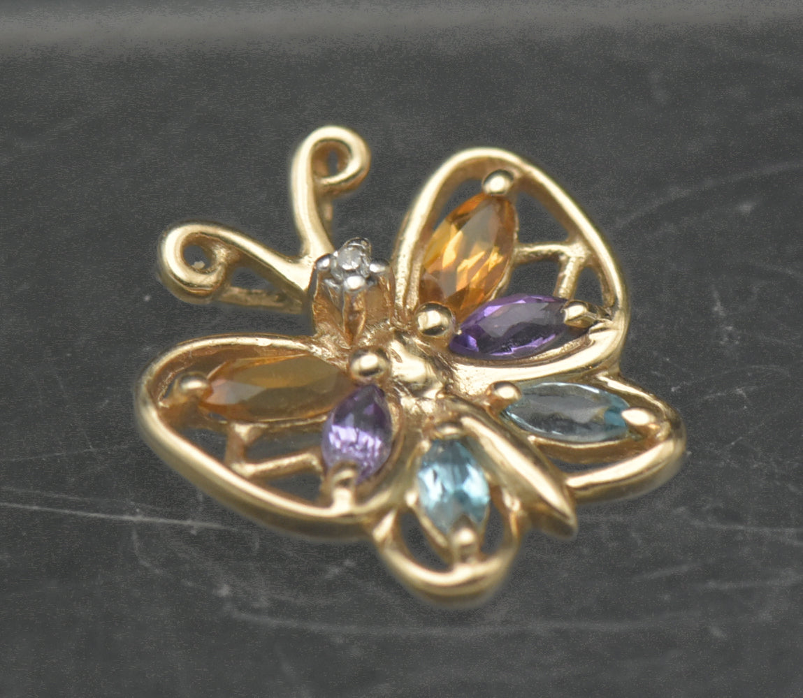 Vintage 10k Gold Gemstones Butterfly Pendant