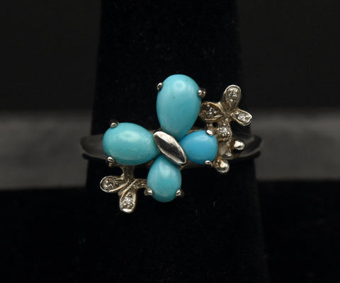 Vintage Sterling Silver Turquoise and Diamonds Butterfly Ring - Size 8