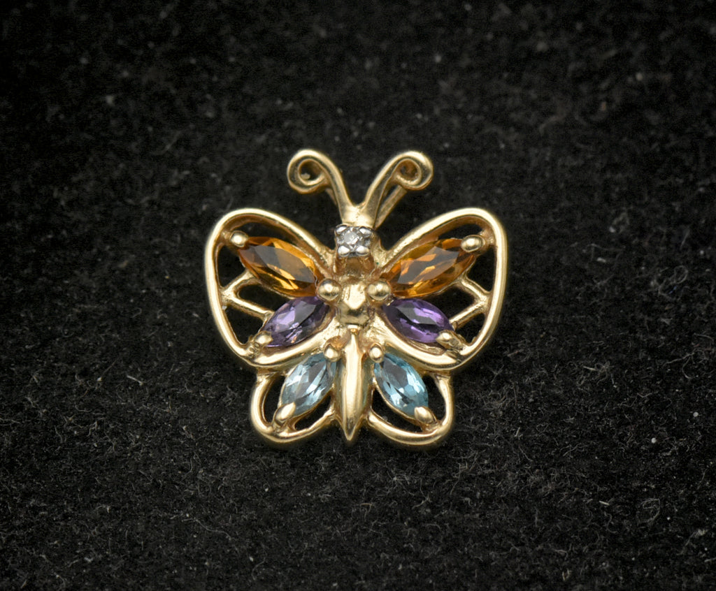Vintage 10k Gold Gemstones Butterfly Pendant