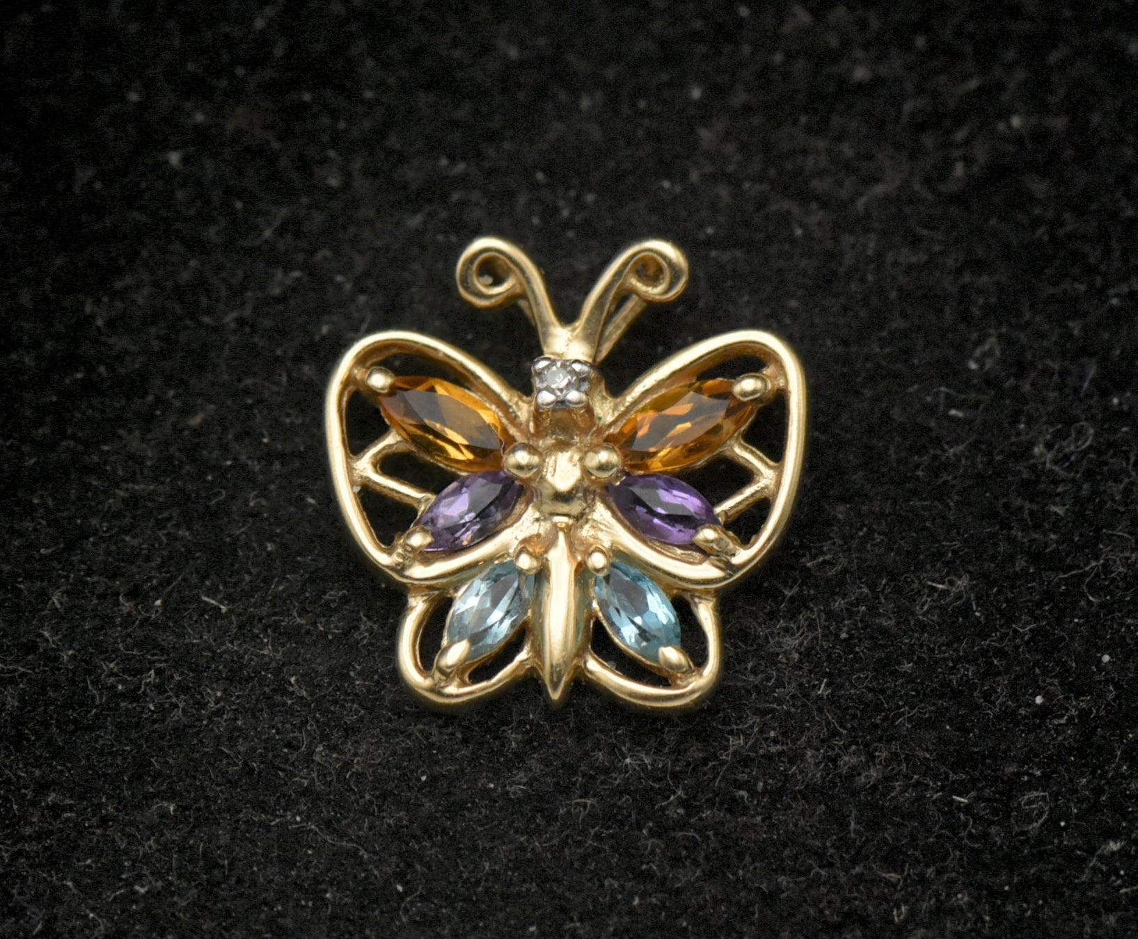 Vintage 10k Gold Gemstones Butterfly Pendant