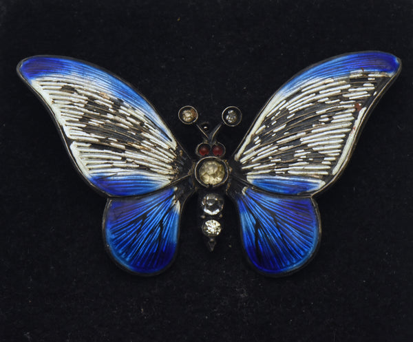 Vintage 935 Silver Enamel and Rhinestones Butterfly Brooch - Damaged
