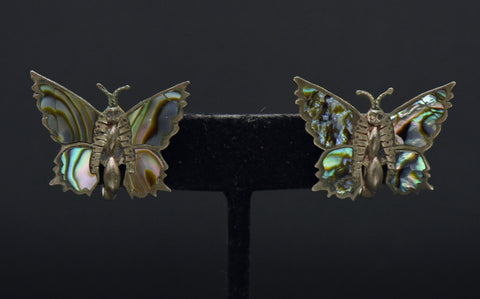 Vintage Handmade Butterfly Sterling Silver and Abalone Shell Screw Back Earrings