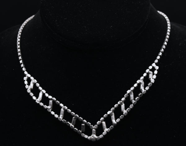 Vintage Silver Tone Rhinestone Bib Necklace - 16"