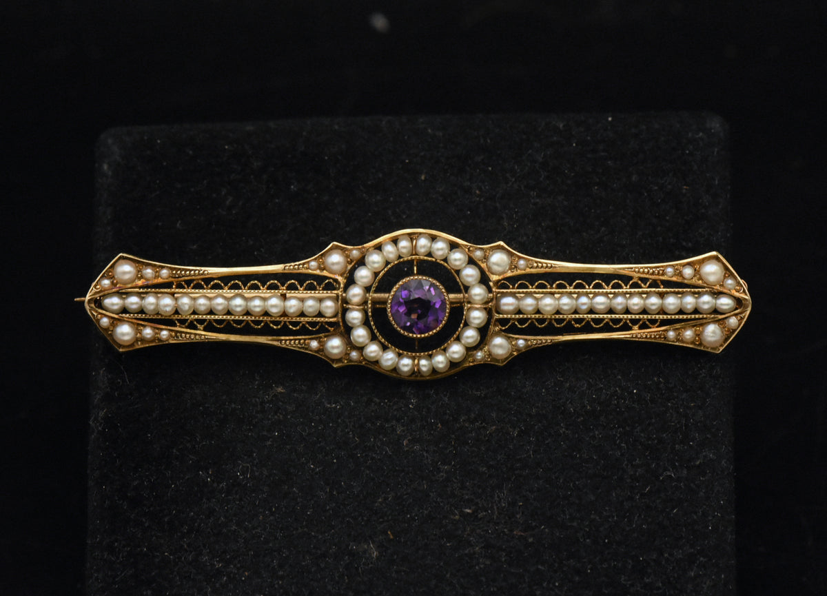 Antique 14K Gold, Amethyst and Cultured Pearl Bar Brooch