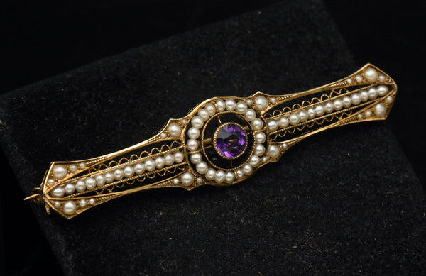 Antique 14K Gold, Amethyst and Cultured Pearl Bar Brooch